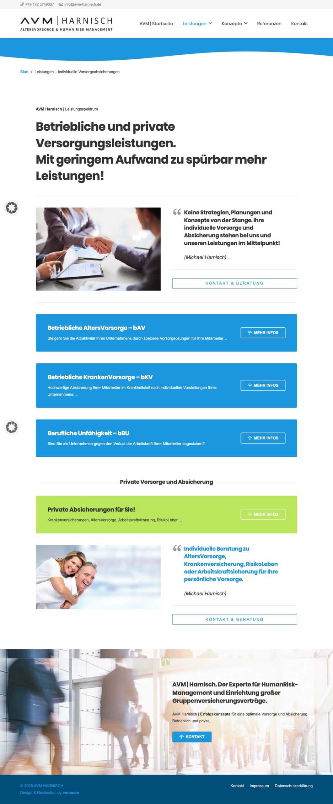 Screenshot der Website AVM Harnisch: Leistungen