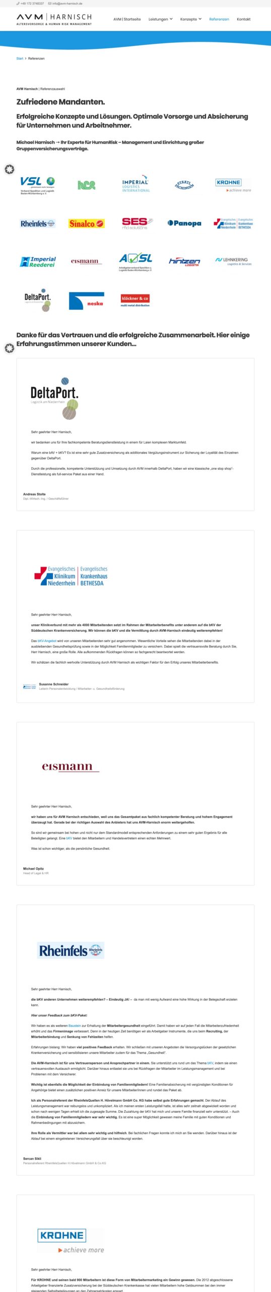 Screenshot der Website AVM Harnisch: Referenzen