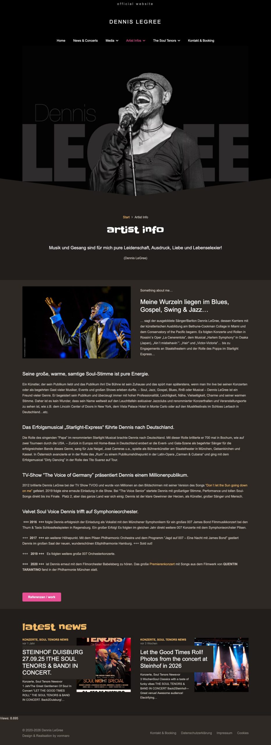 Screenshot der Website Dennis LeGree: Artist Info
