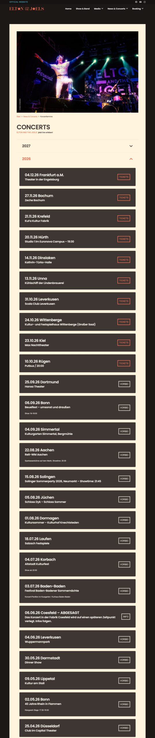 Screenshot der Website Elton and the Joels: Konzerttermine