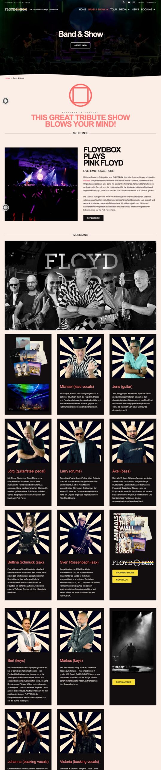 Screenshot der Website FLOYDBOX: Band & Show