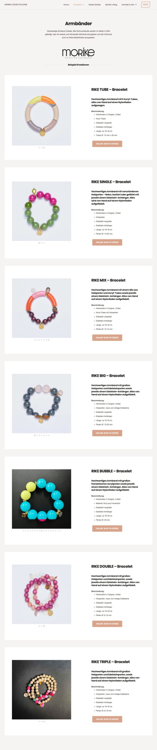 Screenshot der Website Morike Atelier Cologne: Armbänder