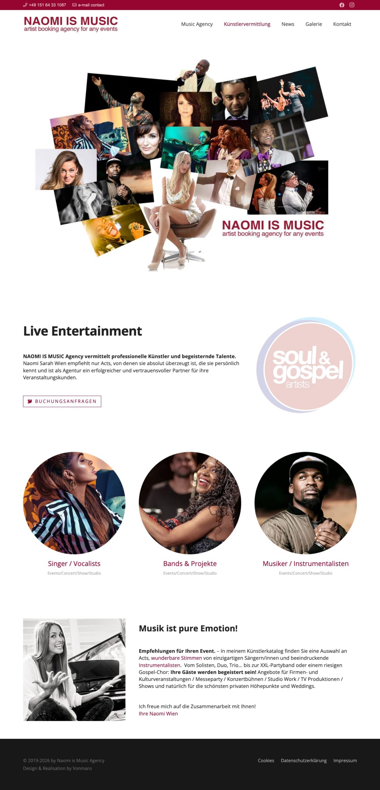 Screenshot der Website NAOMI IS MUSIC: Künstlervermittlung