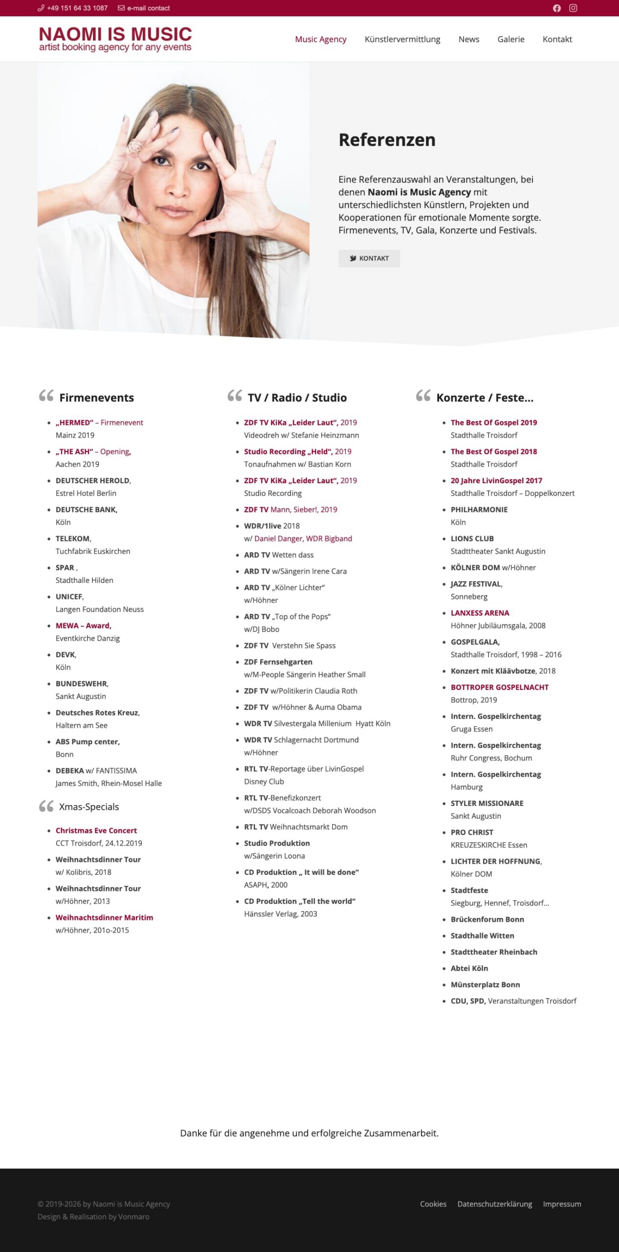Screenshot der Website NAOMI IS MUSIC: Referenzen