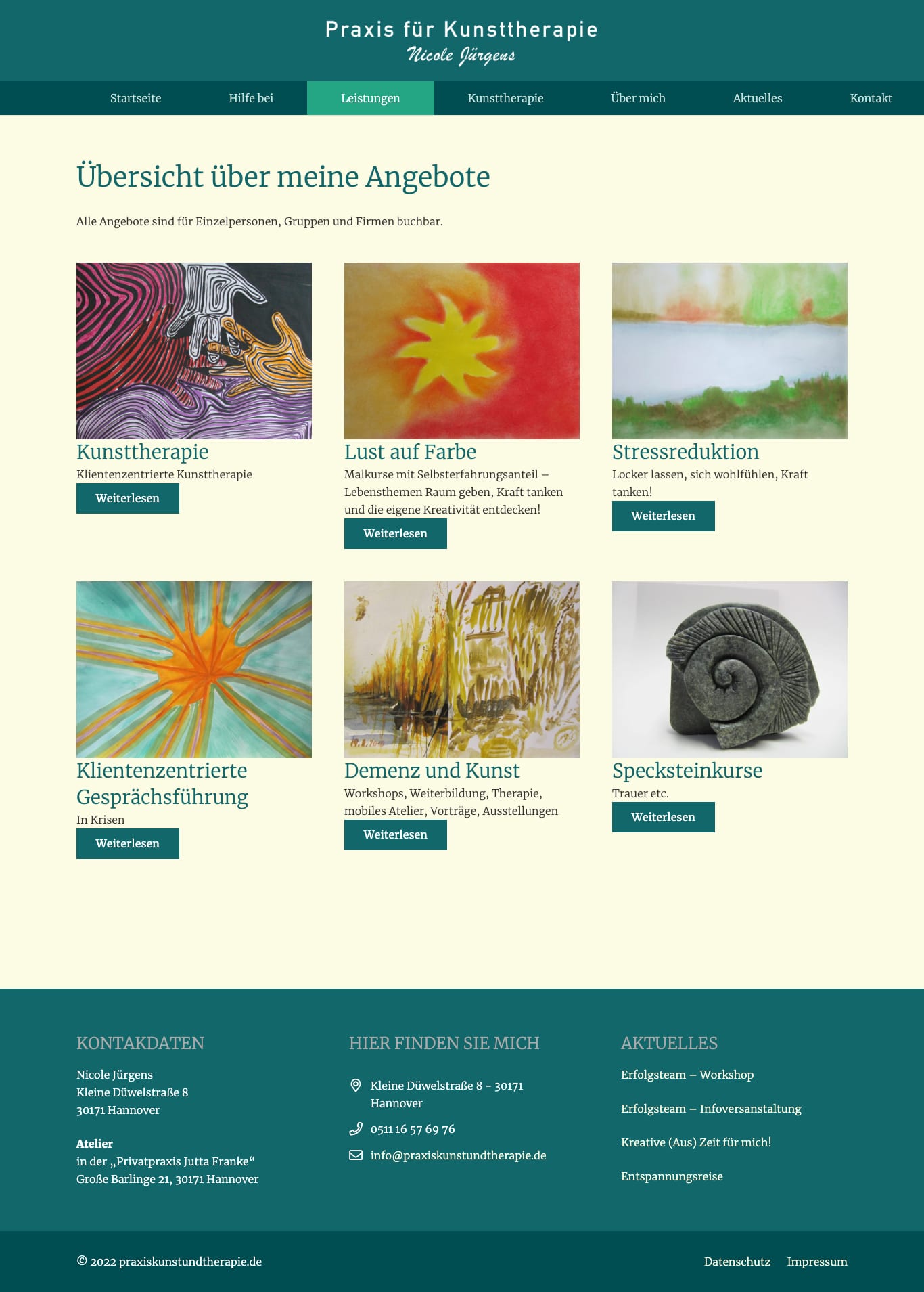 Screenshot der Website Praxis für Kunsttherapie: Leistungen