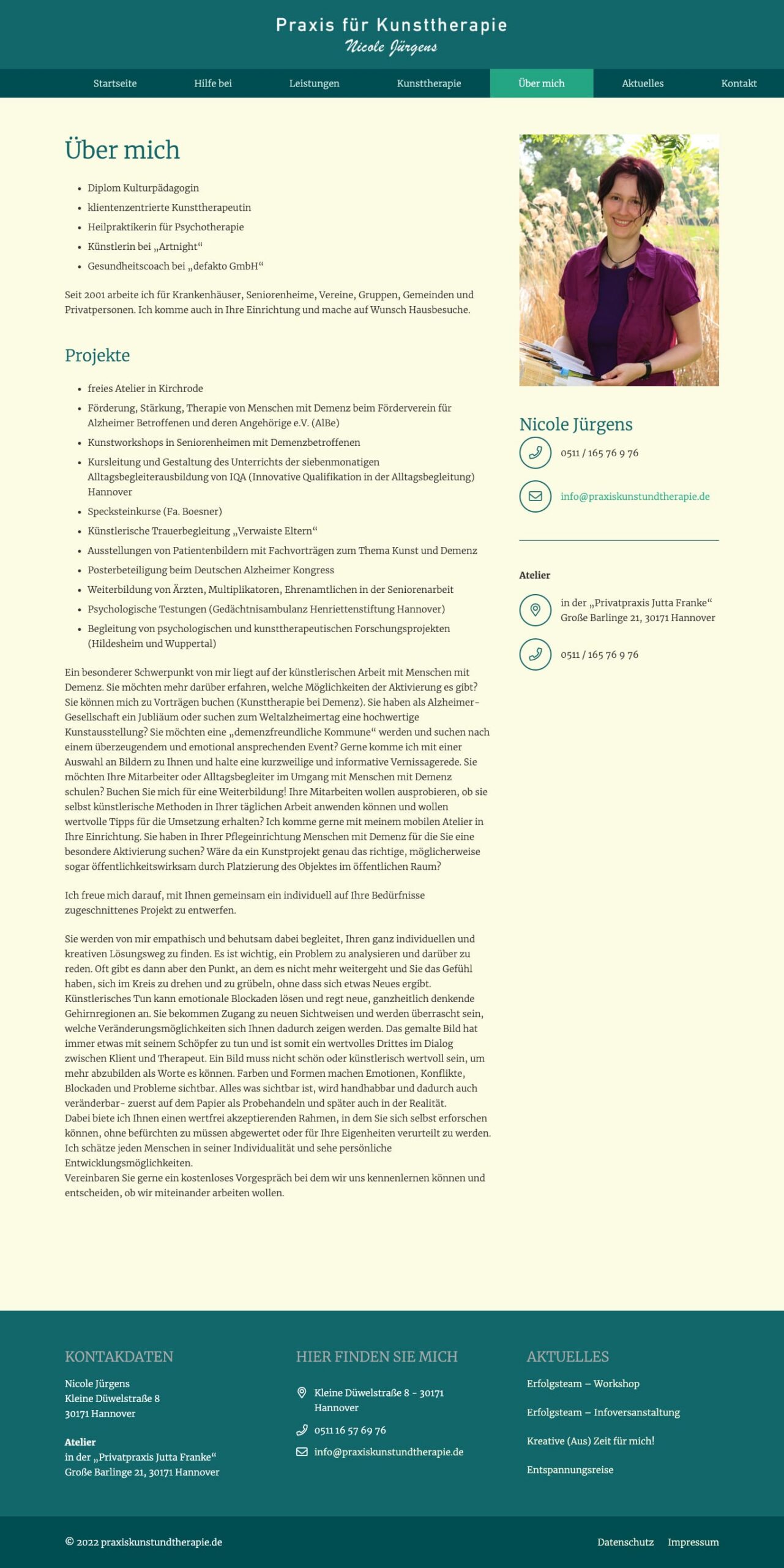 Screenshot der Website Praxis für Kunsttherapie: Über mich