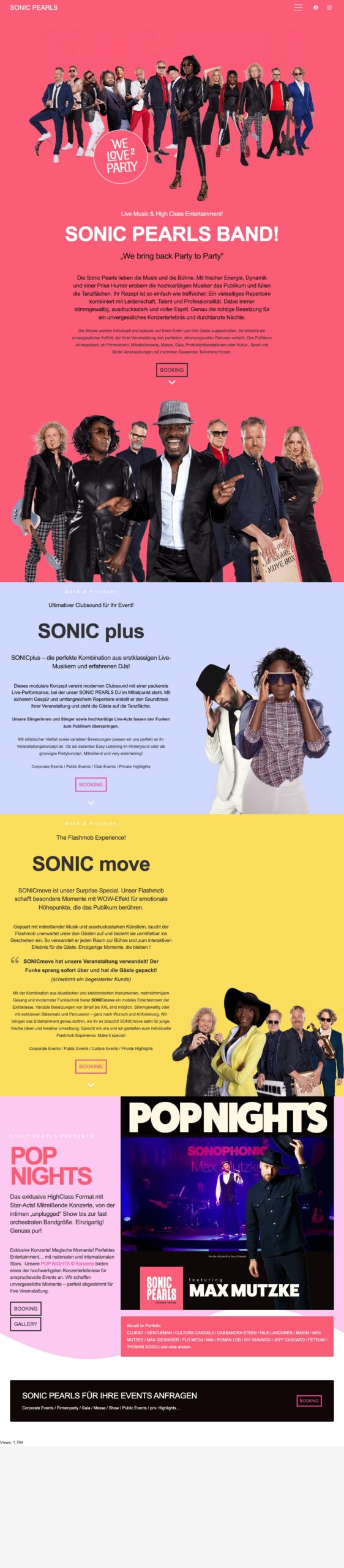 Screenshot der Website SONIC PEARLS: Band & Projects