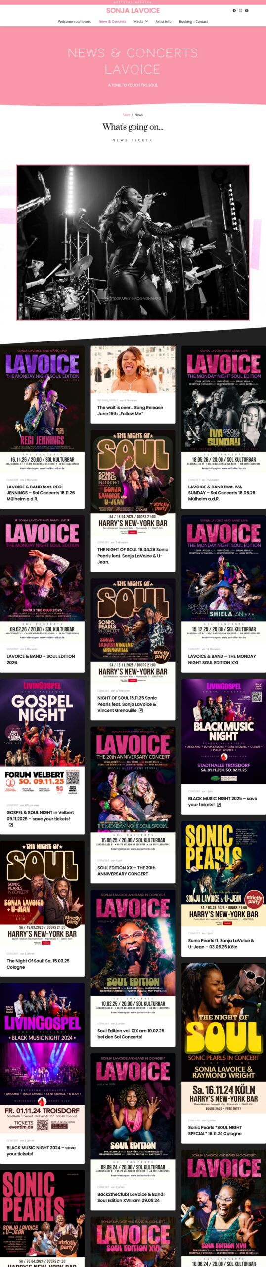 Screenshot der Website Sonja LaVoice: News & Concerts