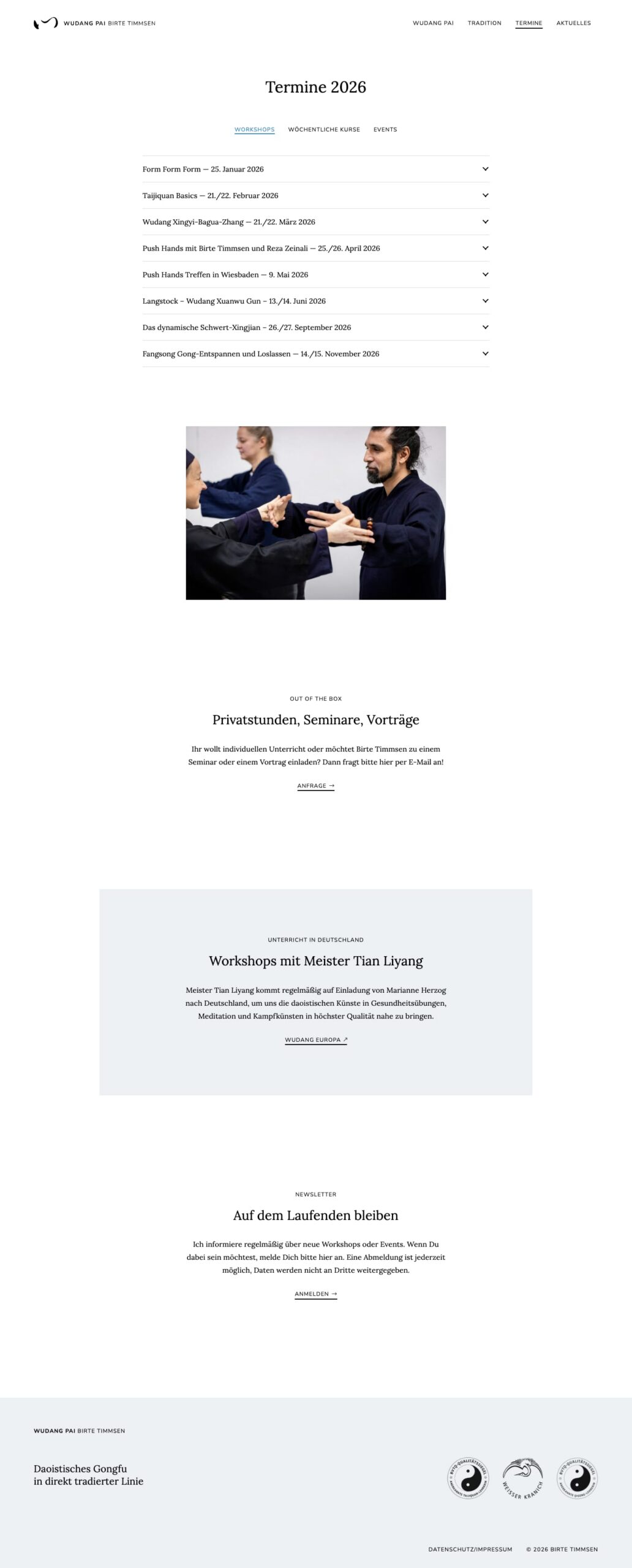Screenshot der Website WUDANG PAI – Birte Timmsen: Termine